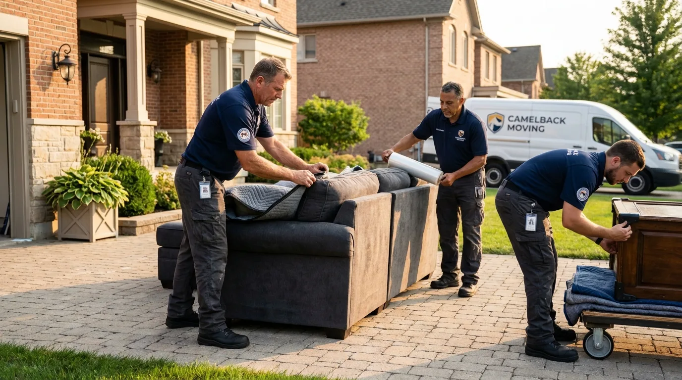 Large estate moving crew wrapping furniture in Hampton Bays, NY