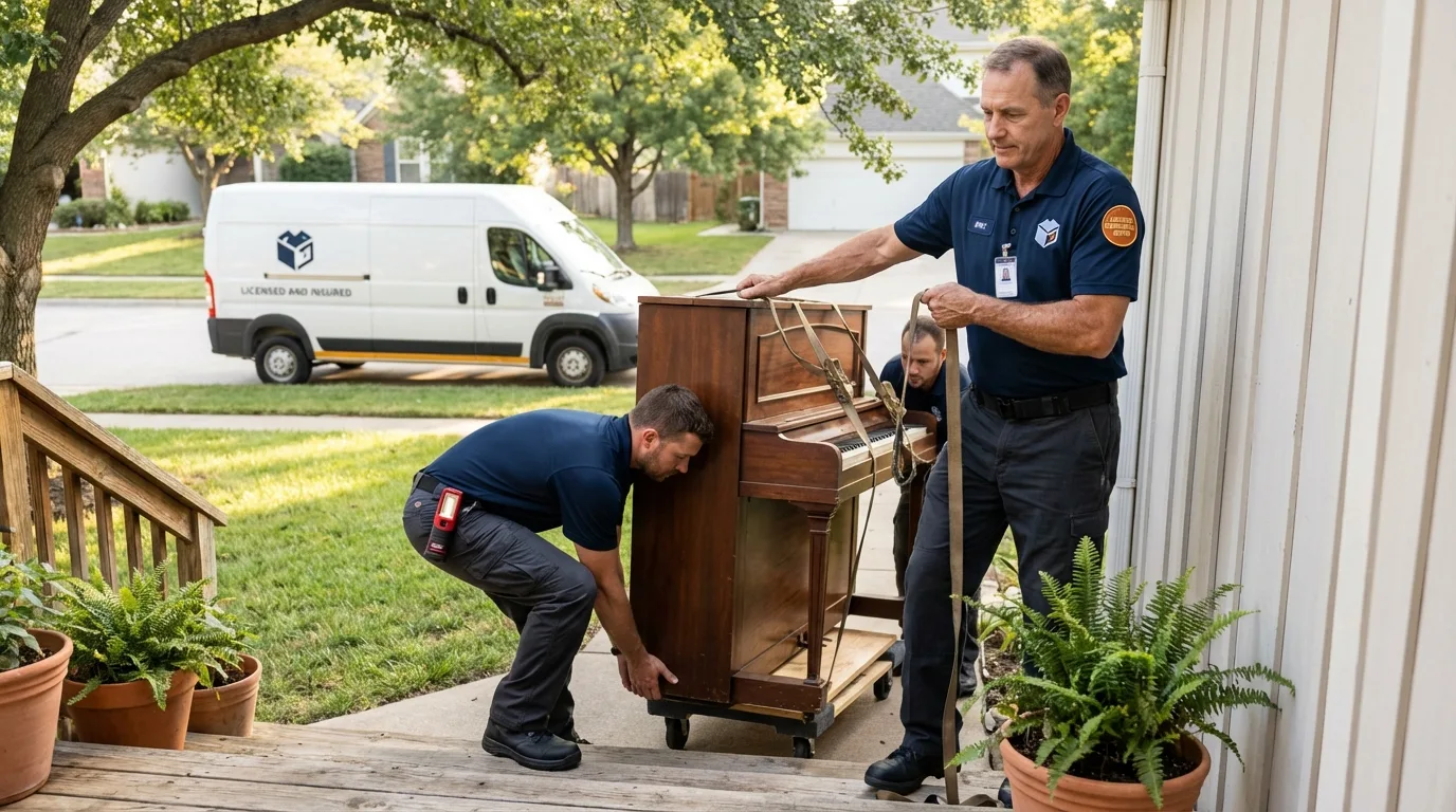 Licensed piano movers securing grand piano in Hampton Bays, NY