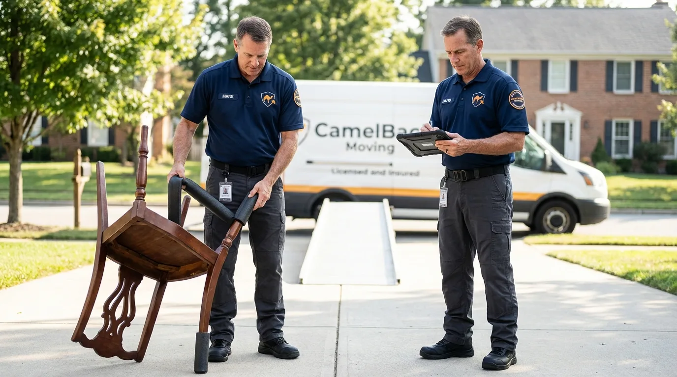 Movers inspecting furniture for damage prevention before loading in Hampton Bays, NY
