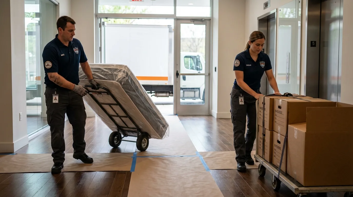 Professional apartment movers loading elevator in Hampton Bays, NY