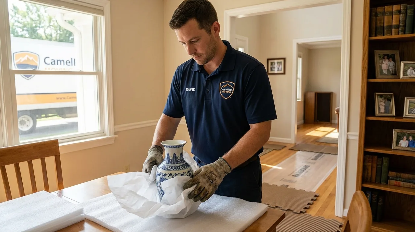 Professional crew carefully wrapping antique vase for senior downsizing move in Hampton Bays, NY