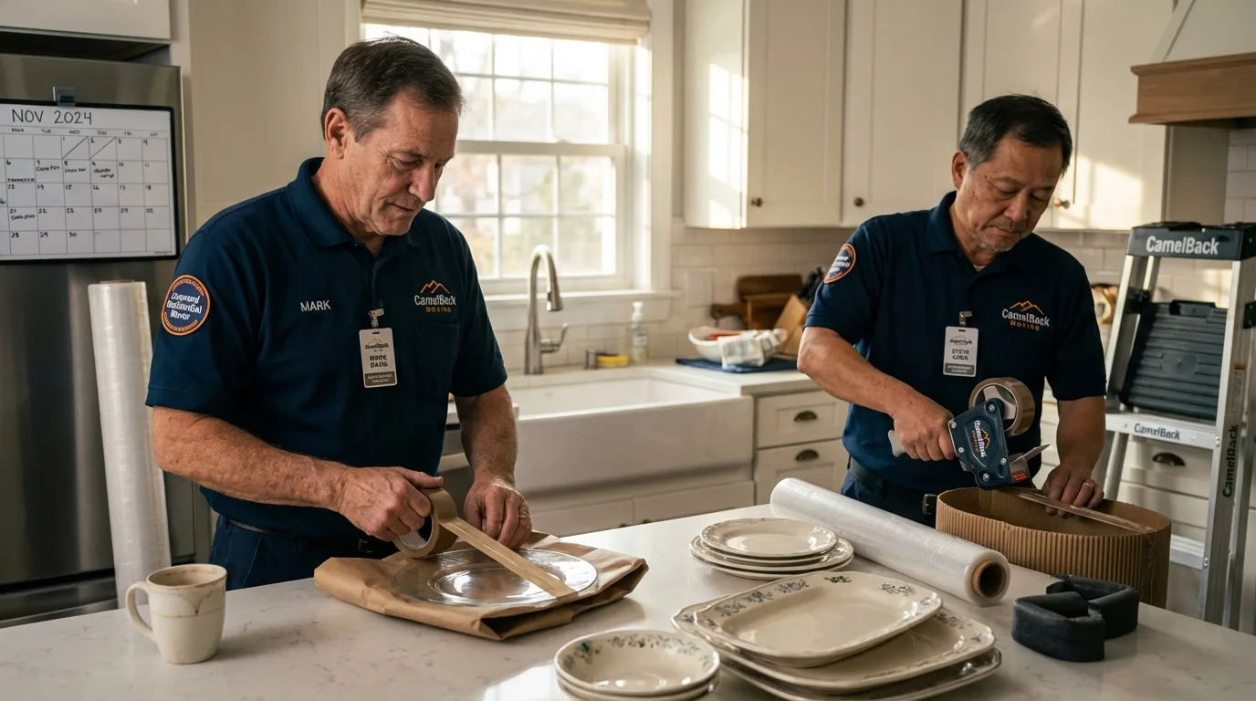 Professional crew packing kitchen dishware in Hampton Bays, NY